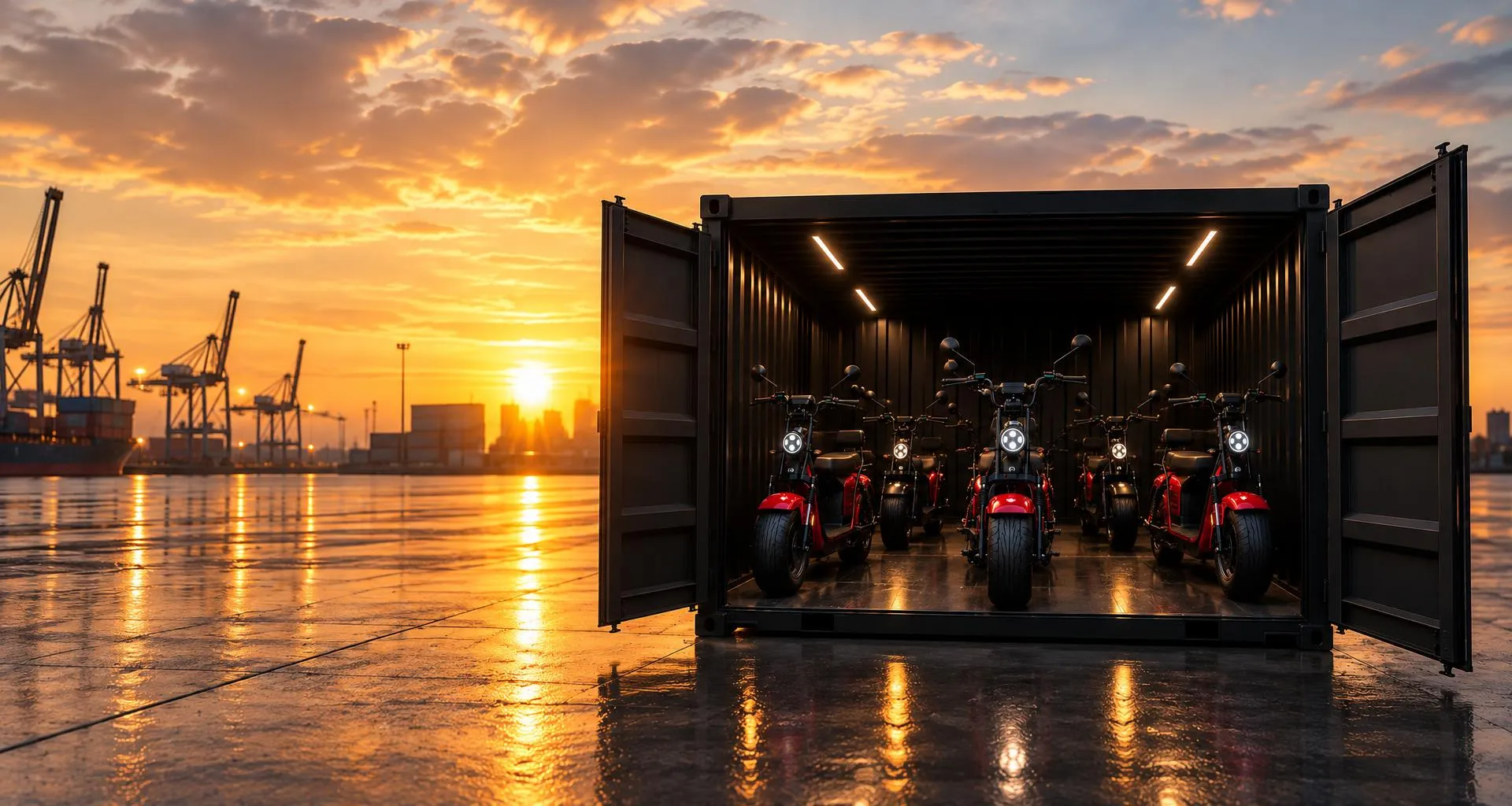 Container preto aberto com scooters elétricas de pneus largos em um porto ao pôr do sol